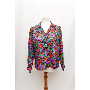 Vintage womens blouse button up red green L+ 90s